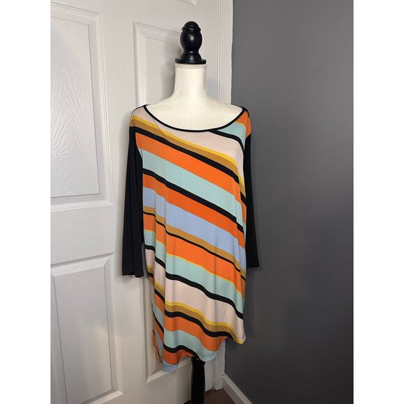 Susan Graver Women Liquid Knit Asymmetrical Hem Colorful Striped Top 2X Black - Picture 1 of 3